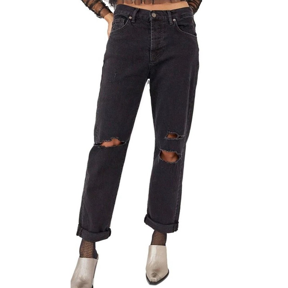 We The Free Solid Straight Leg Jeans Black Distressed Grunge Size 26